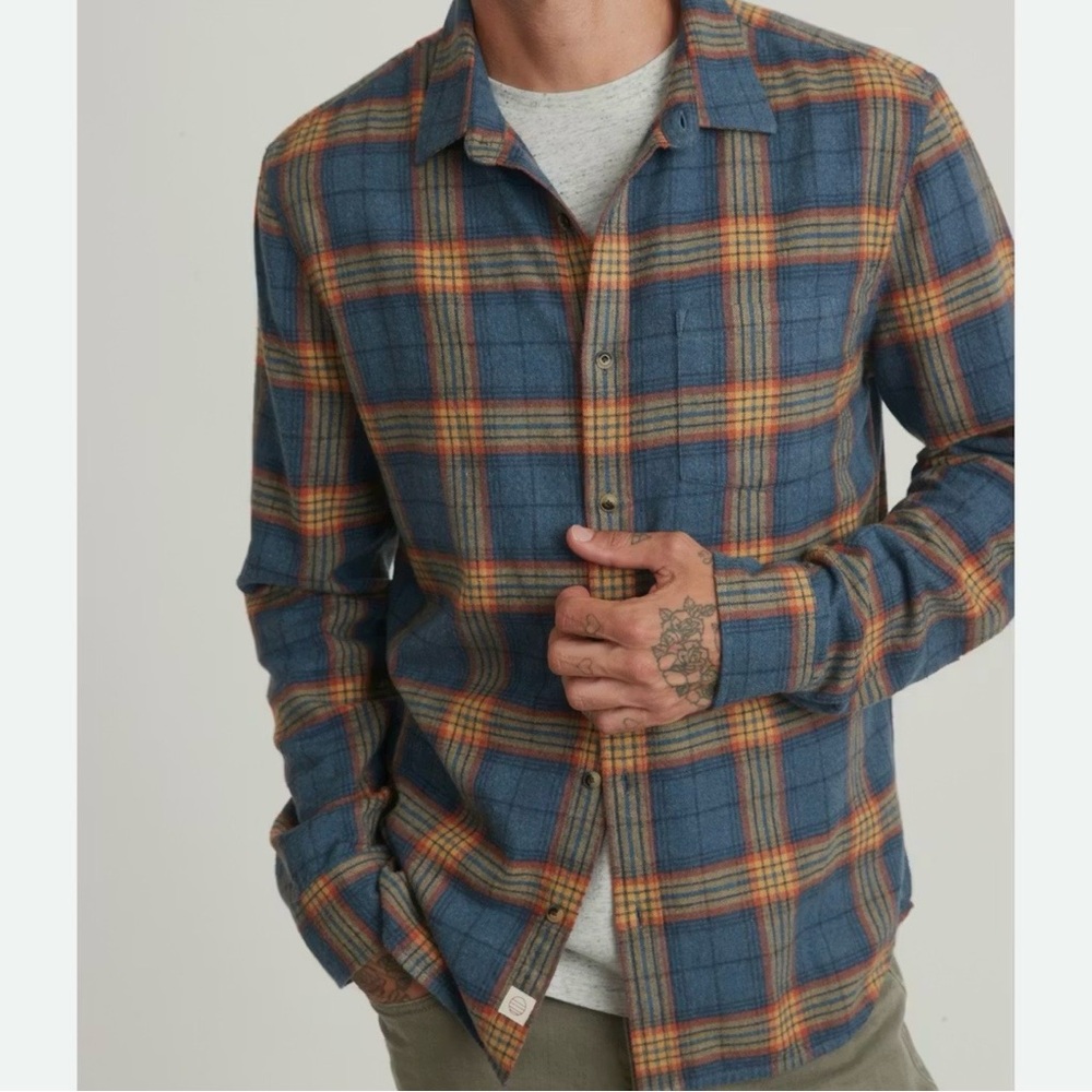 Marine Layer Balboa Shirt Classic Fit Flannel Size M Blue Orange Plaid Huckberry